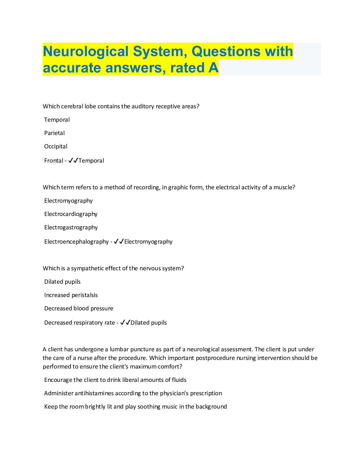 Preview image for Neurological System, Questions with accurate answers, rated A